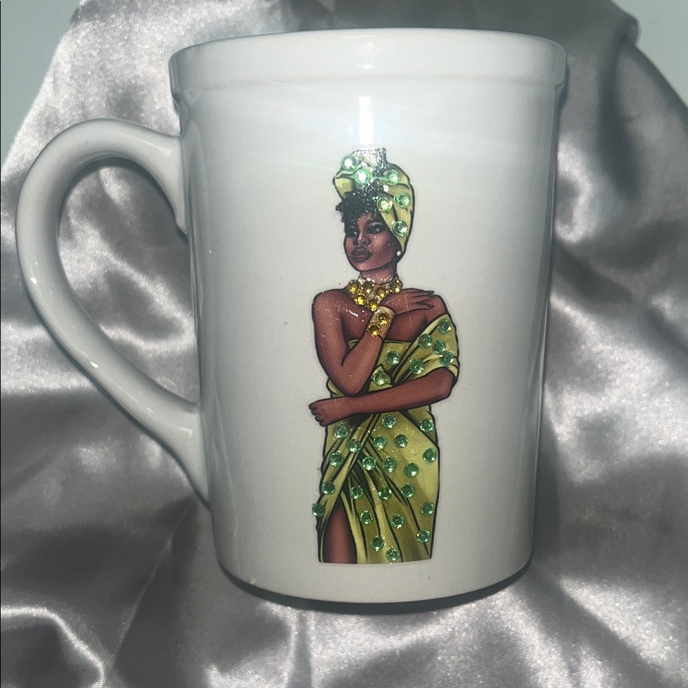 White Bling Coffee Mug with Green and Gold Design.